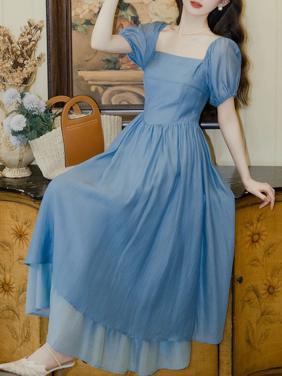 1950S Vintage Blue Square Collar Swing Dress Inspired The Little Mermaid