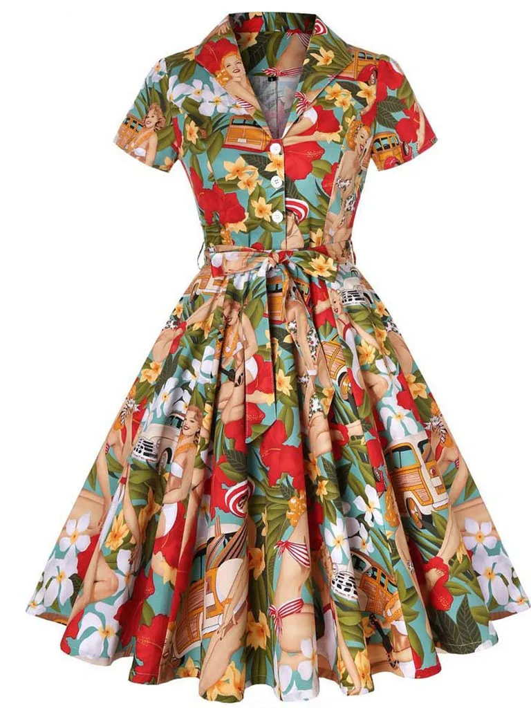 1960S Lemon Print Swing Dress With Belt