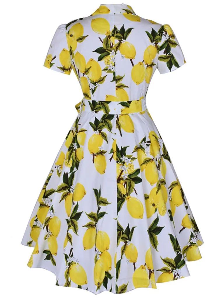 1960S Lemon Print Swing Dress With Belt