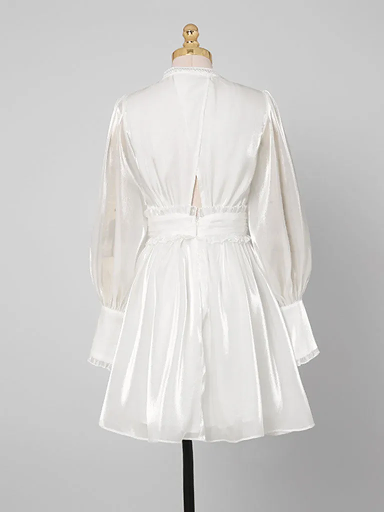 1960S White Puff Long Sleeve Organza Dress