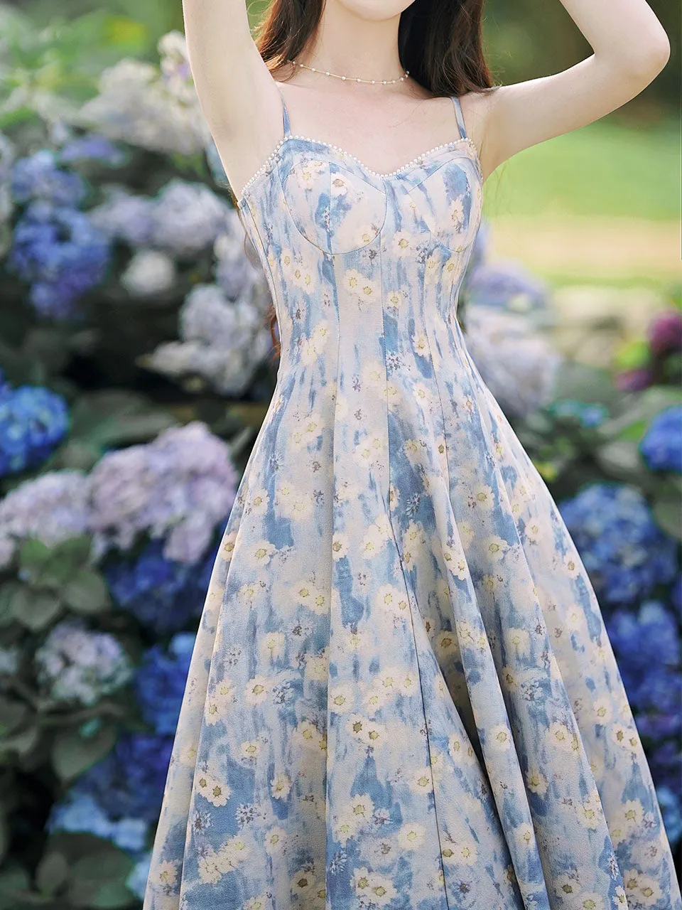 2PS Blue Daisy Floral Print Spaghetti Strap Dress With White Shawl Dress Suit