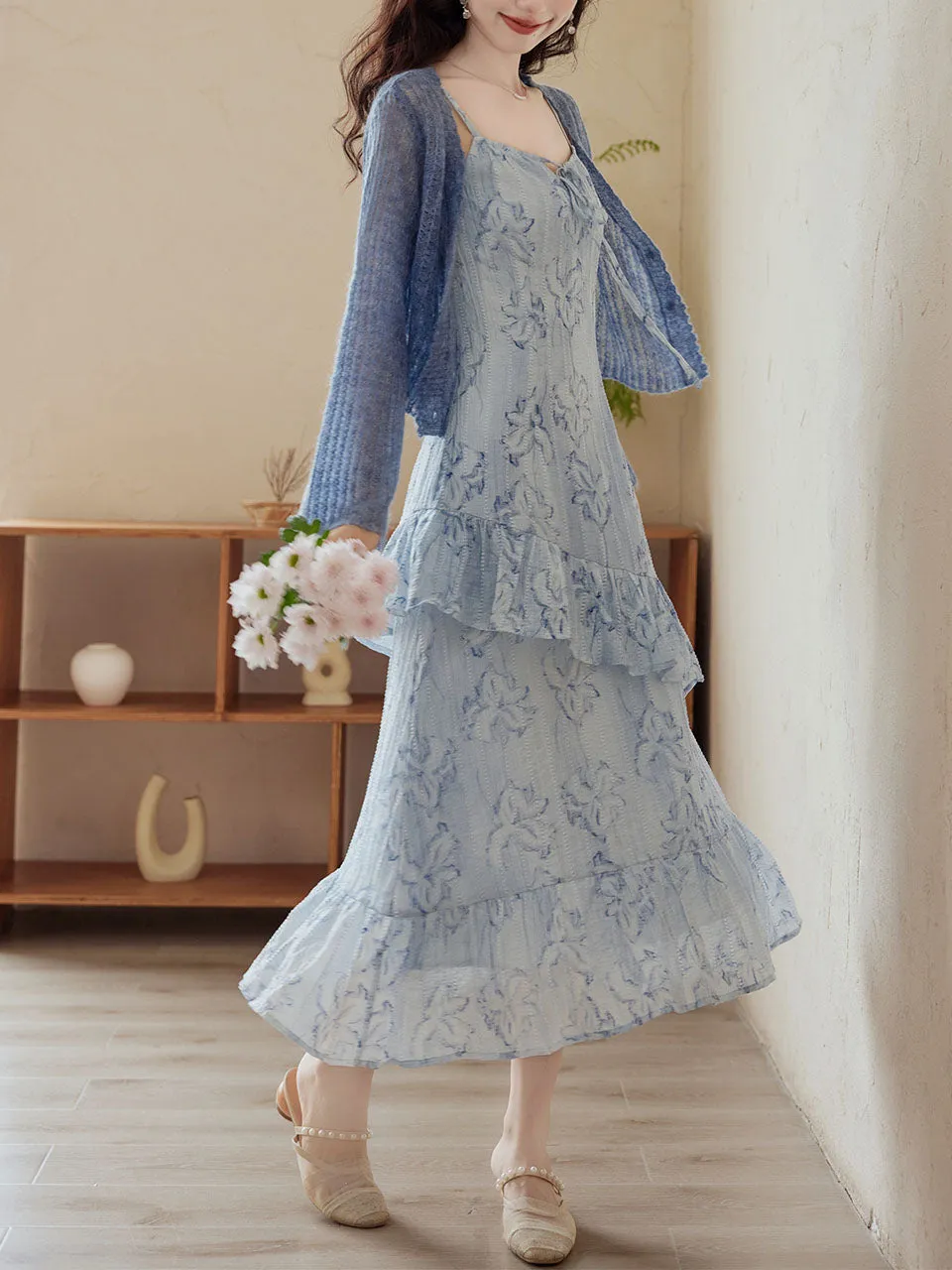 2PS Blue Floral Print Spaghetti Strap Dress With Blue Shawl Dress Suit