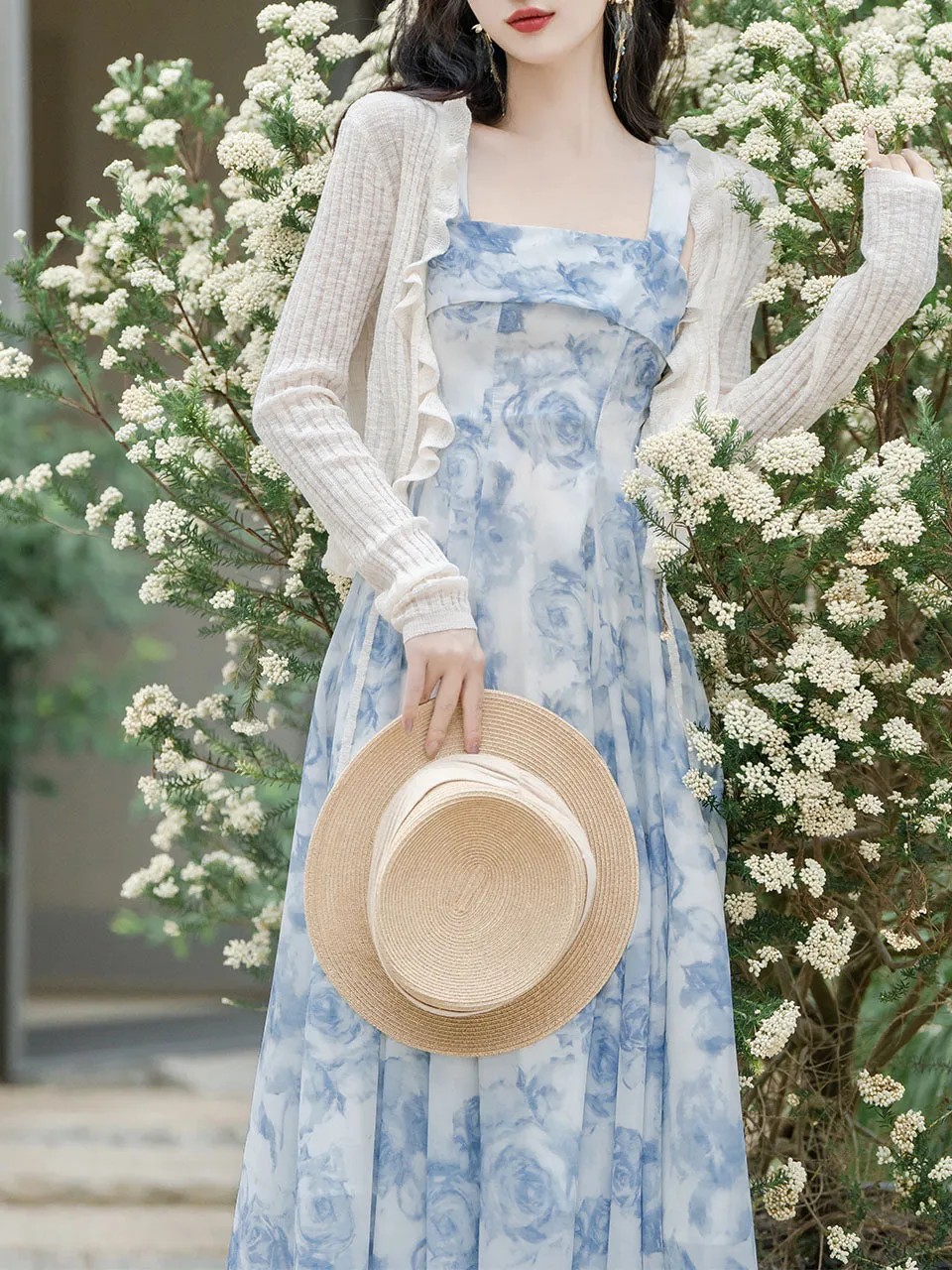 2PS Blue Rose Spaghetti Strap 1950S Vintage Dress With Long Sleeve Cardigan