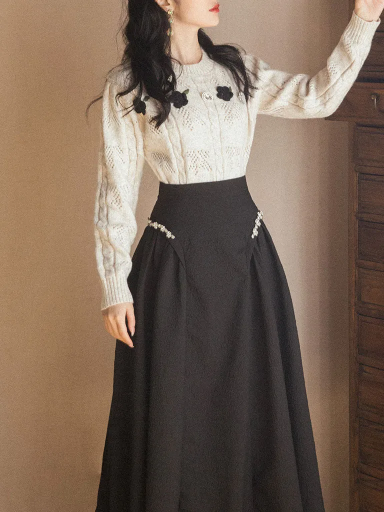 2PS Bowknot Sweater And Pleats With Glass Diamond Swing Skirt 1950S Hepburn Style Outfits