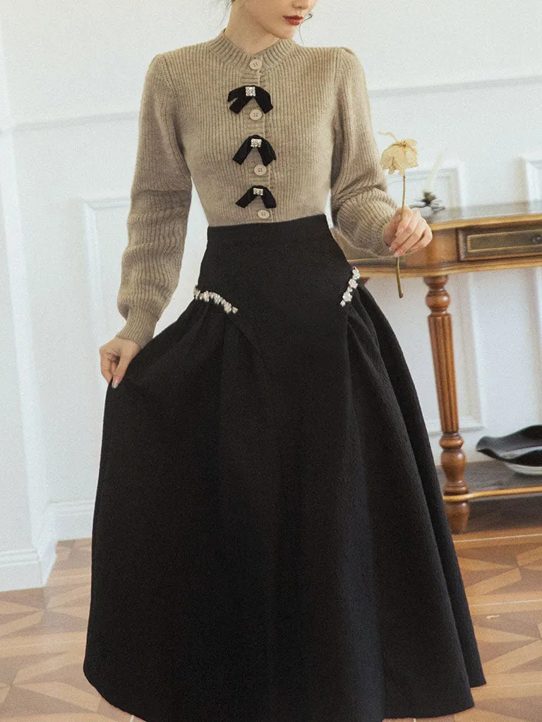 2PS Bowknot Sweater And Pleats With Glass Diamond Swing Skirt 1950S Hepburn Style Outfits