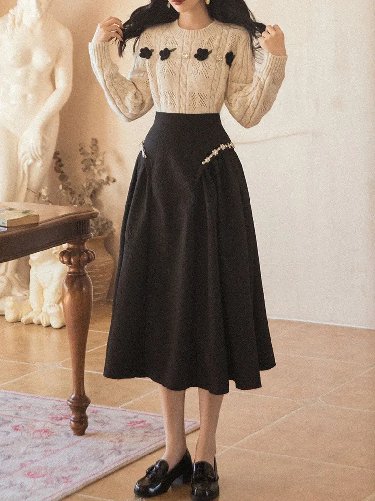 2PS Bowknot Sweater And Pleats With Glass Diamond Swing Skirt 1950S Hepburn Style Outfits