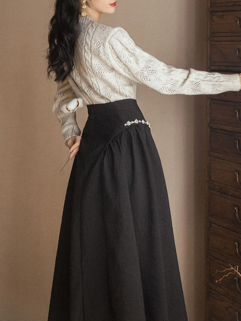 2PS Bowknot Sweater And Pleats With Glass Diamond Swing Skirt 1950S Hepburn Style Outfits