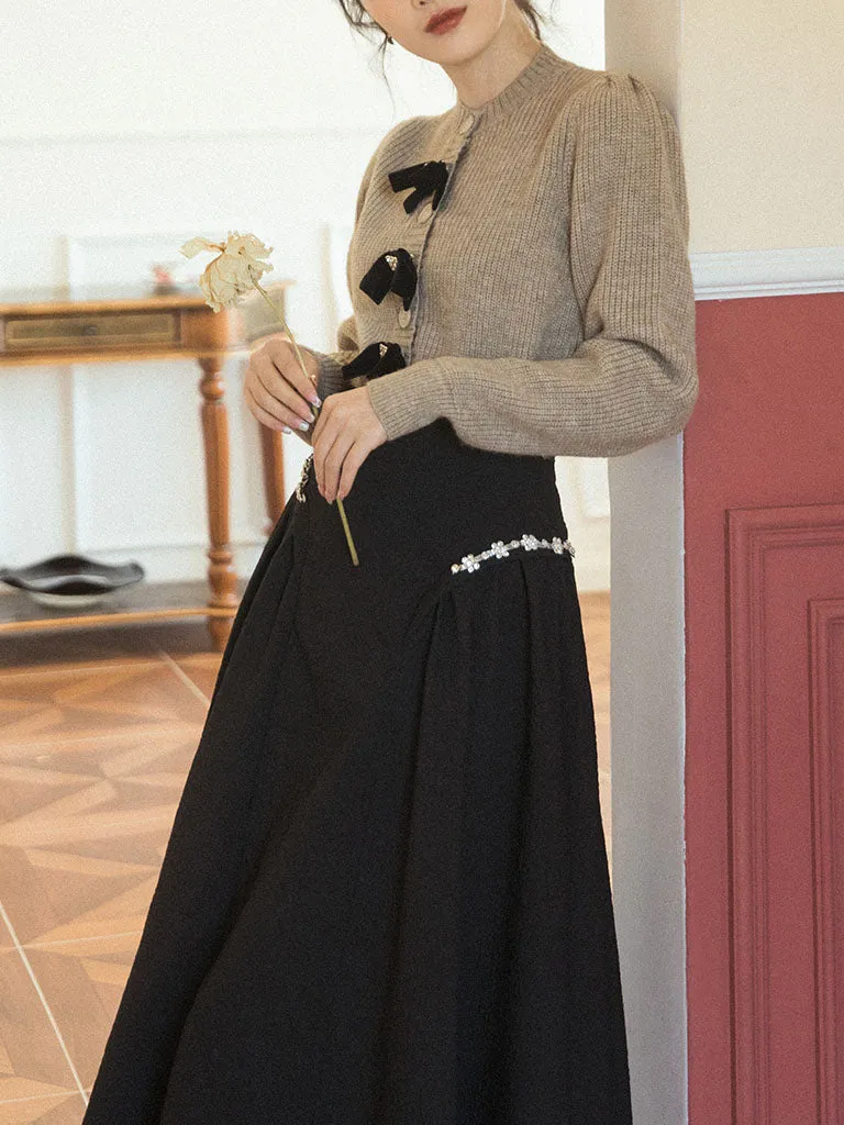 2PS Bowknot Sweater And Pleats With Glass Diamond Swing Skirt 1950S Hepburn Style Outfits