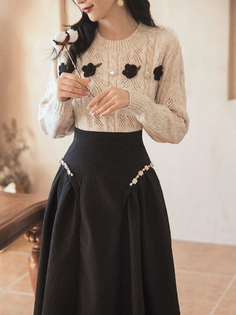 2PS Bowknot Sweater And Pleats With Glass Diamond Swing Skirt 1950S Hepburn Style Outfits