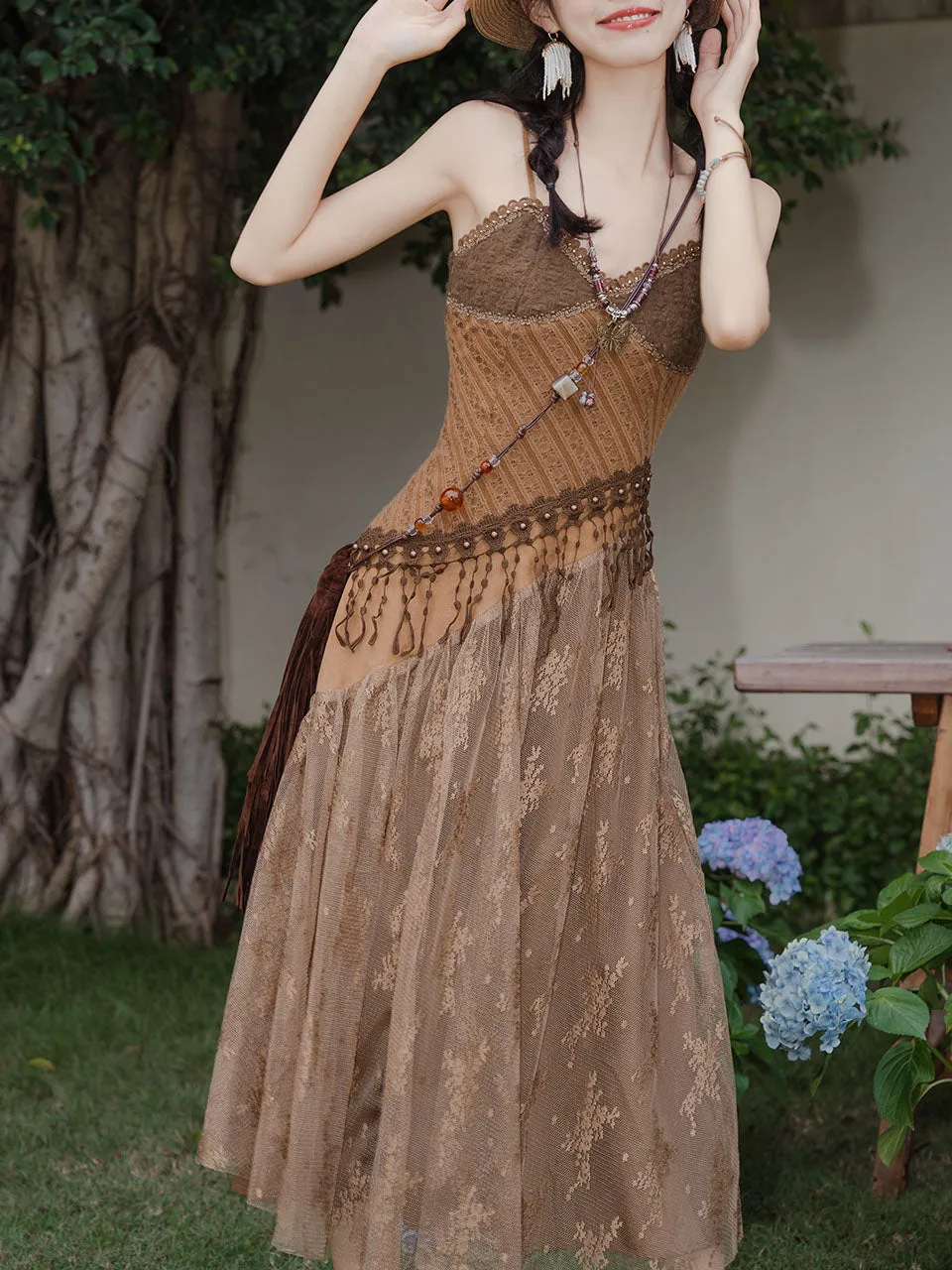 2PS Brown Lace Strap Dress With Bohemia Cardigan Suit