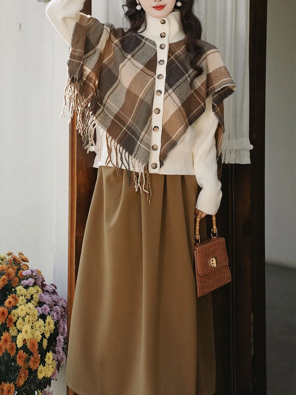 2PS Brown Plaid Turtleneck Knitted Fringed Sweater And Swing Skirt 1950S Vintage Audrey Hepburn's Style Outfits