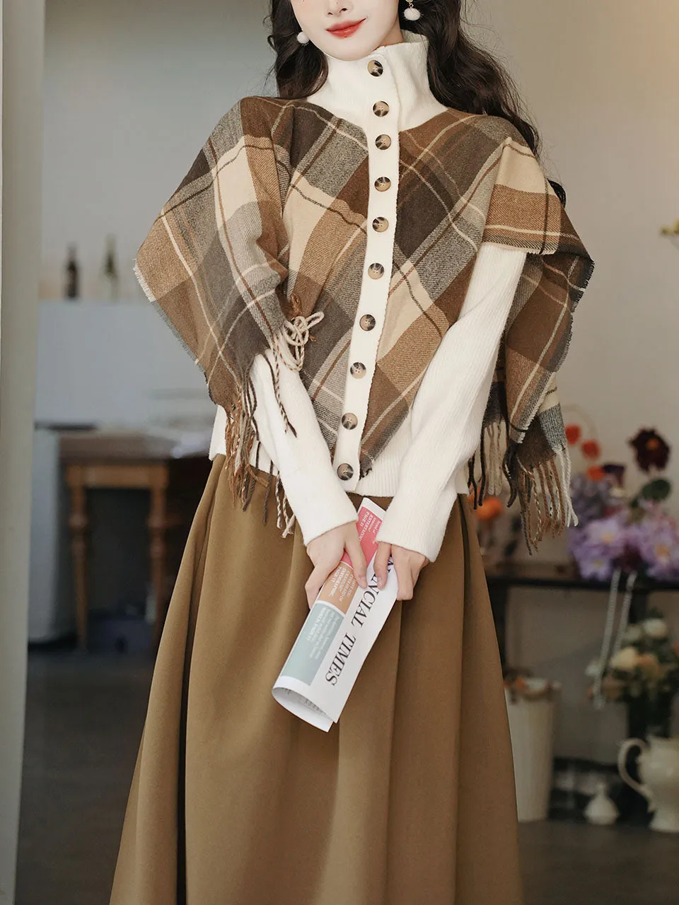 2PS Brown Plaid Turtleneck Knitted Fringed Sweater And Swing Skirt 1950S Vintage Audrey Hepburn's Style Outfits