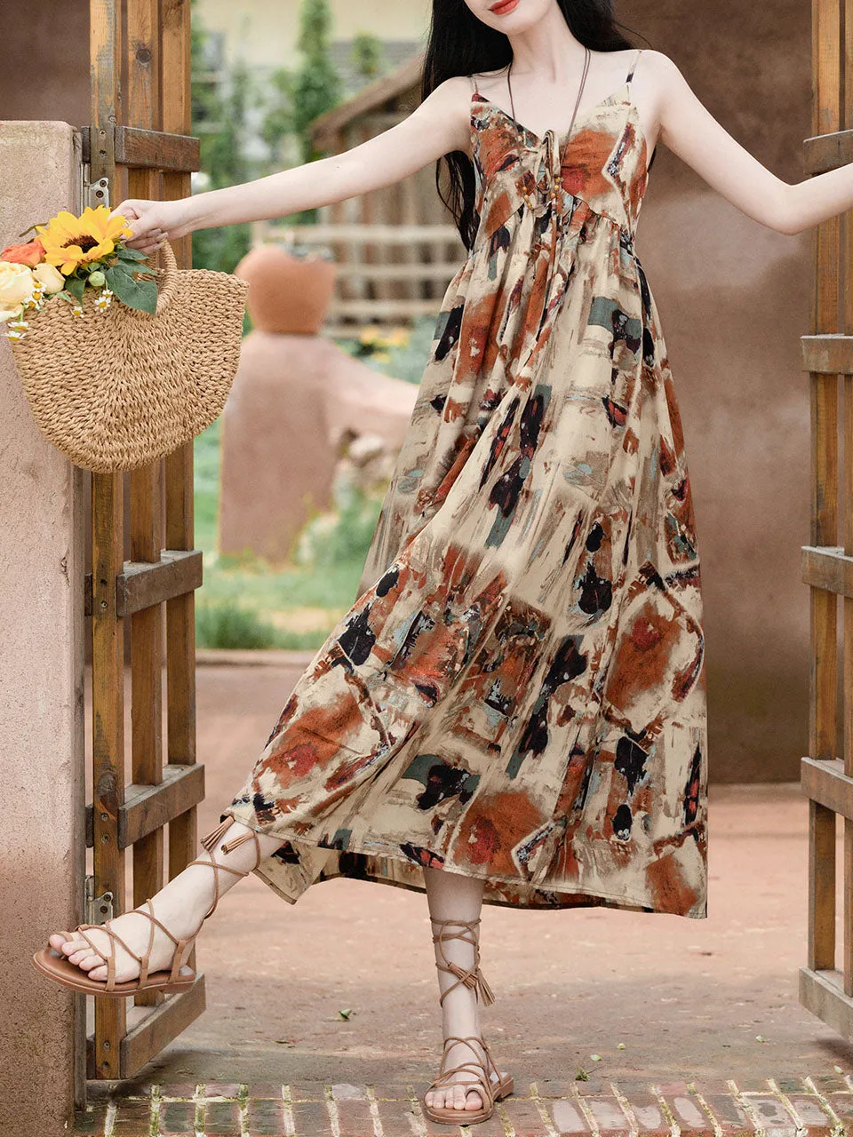 2PS Brown Spaghetti Strap Tropical Pattern Holiday  Dress With White Long Sleeve Cardigan