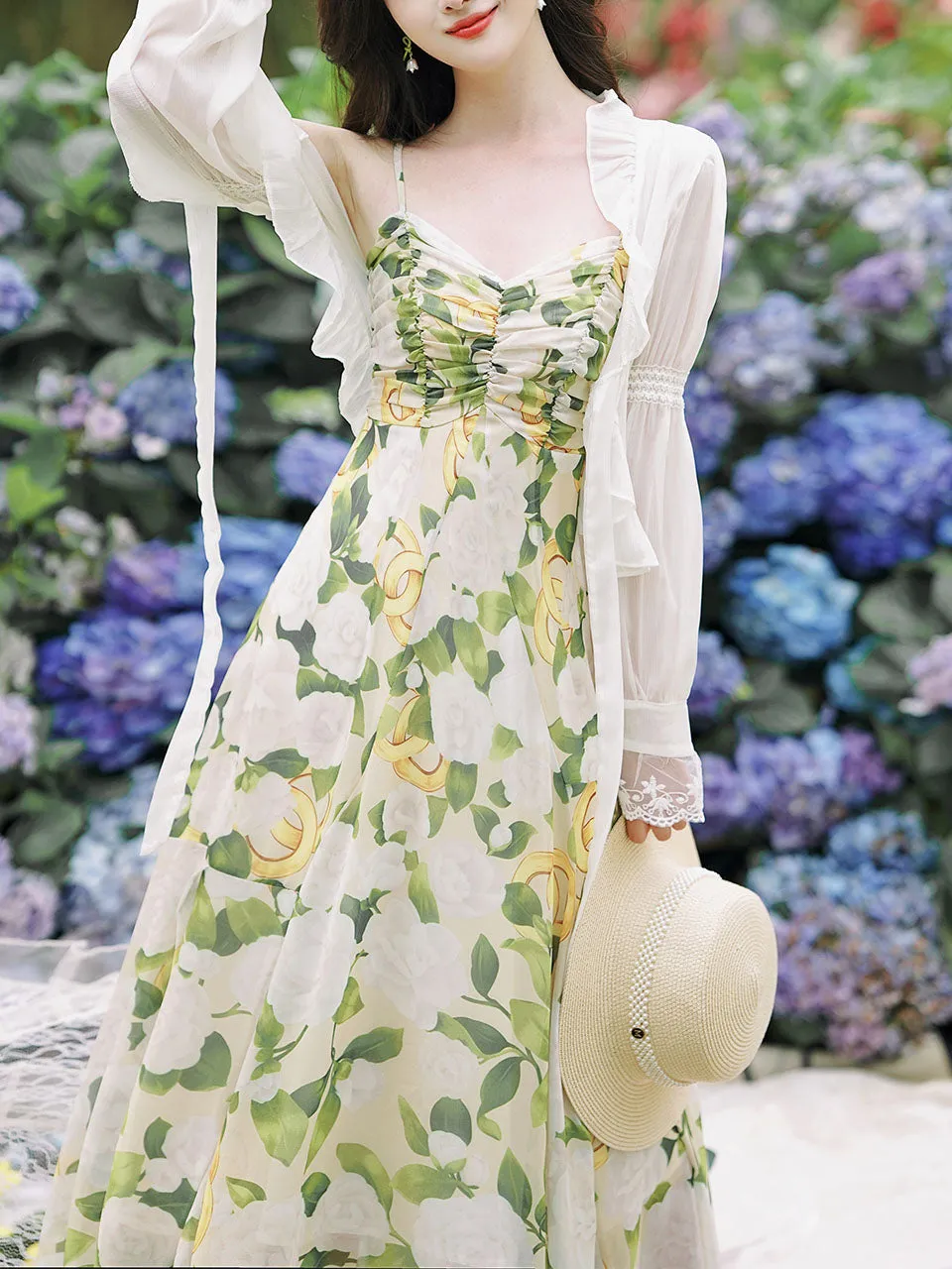 2PS Green Floral Print Spaghetti Strap Dress With White Shawl Dress Suit