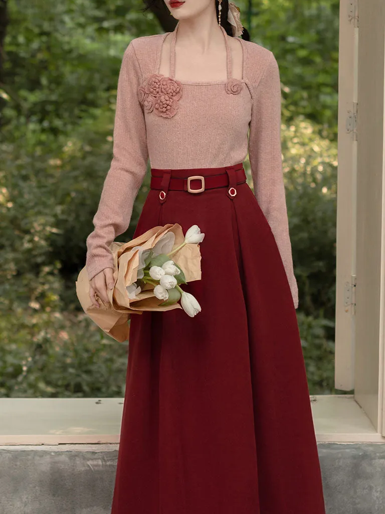 2PS Pink Flower Sweater And Red Pleats Swing Skirt Suit