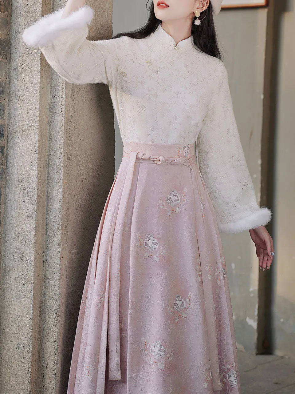 2PS Pink Stand Collar Bell Sleeve Embroidered Top and Horse-face Skirt Vintage Suits