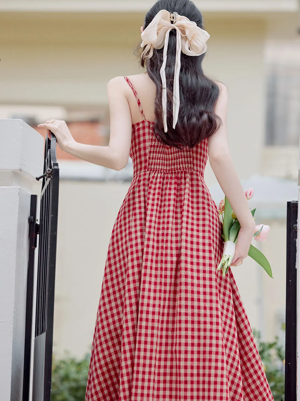 2PS Red Plaid Spaghetti Strap Dress With White Shawl Dress Suit