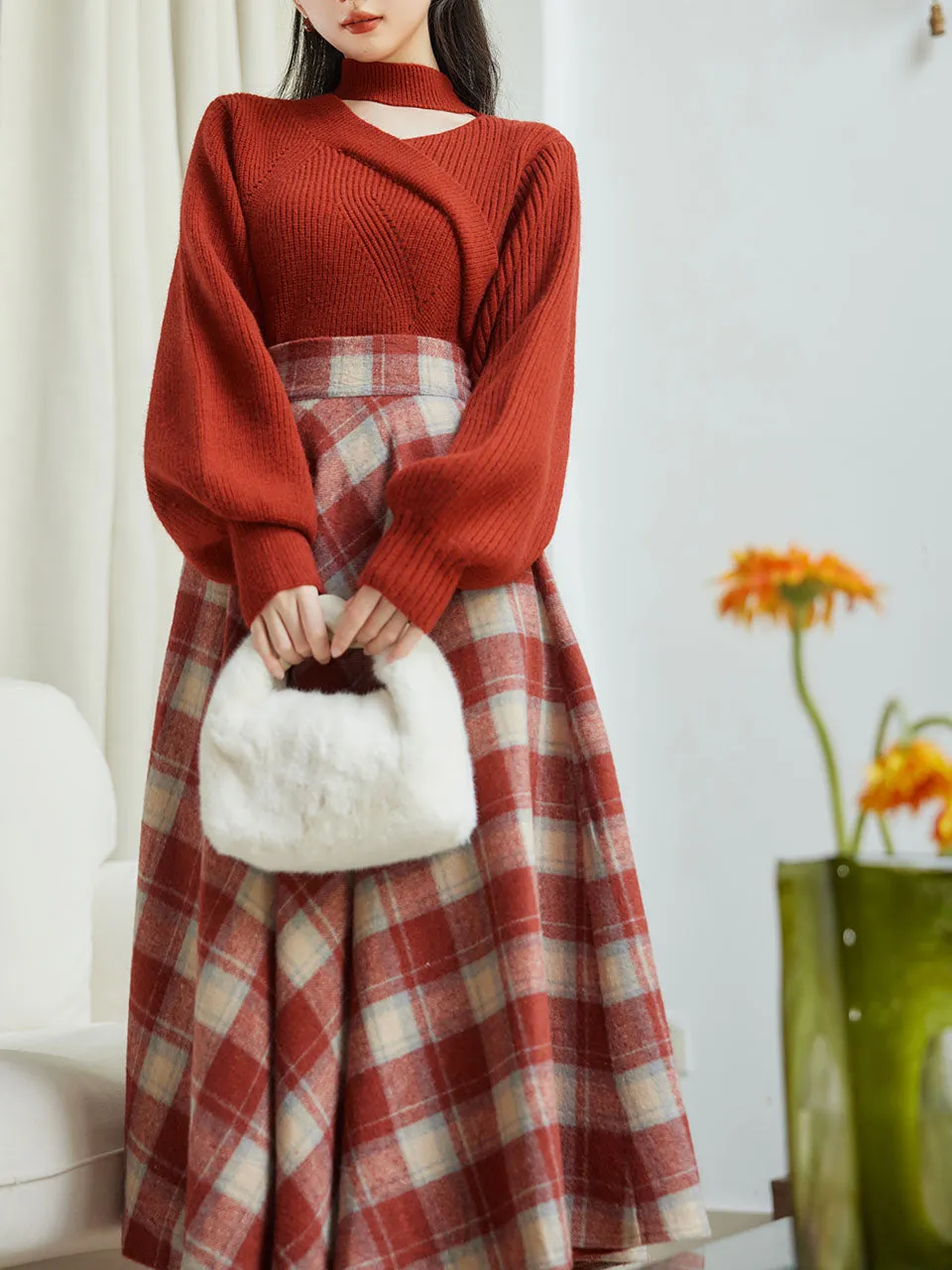 2PS Red Sweater And Scottish Plaid Swing Skirt 1950S Vintage Audrey Hepburn's Style Outfits