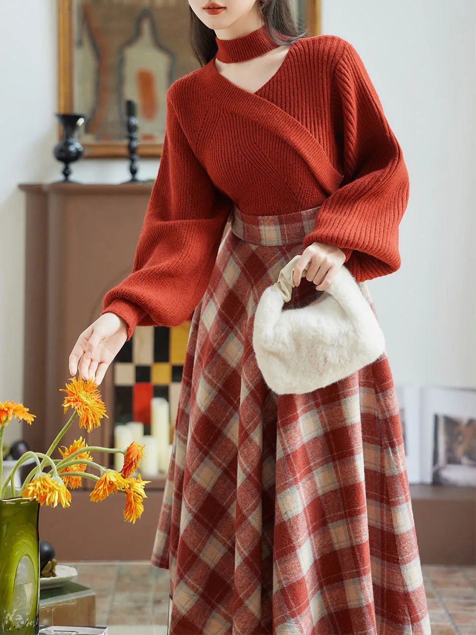 2PS Red Sweater And Scottish Plaid Swing Skirt 1950S Vintage Audrey Hepburn's Style Outfits