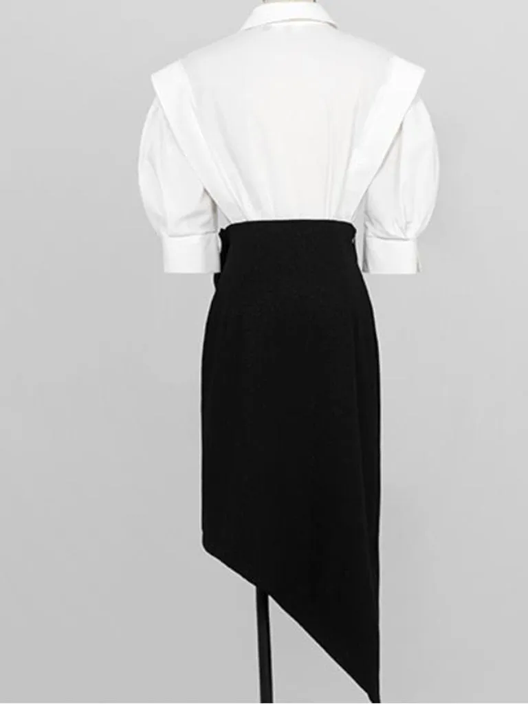 2PS White 1950S Vintage Classic Top And Black Bow Irregular Skirt Suit