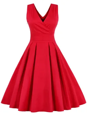 50s Retro Style Solid Color V Neck Dress