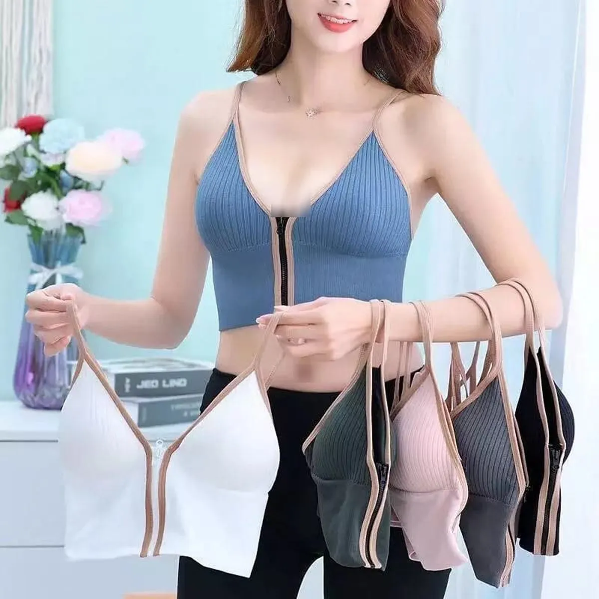 6 Pcs Women Front Zipper Bra Gym Camisole Top ZB24