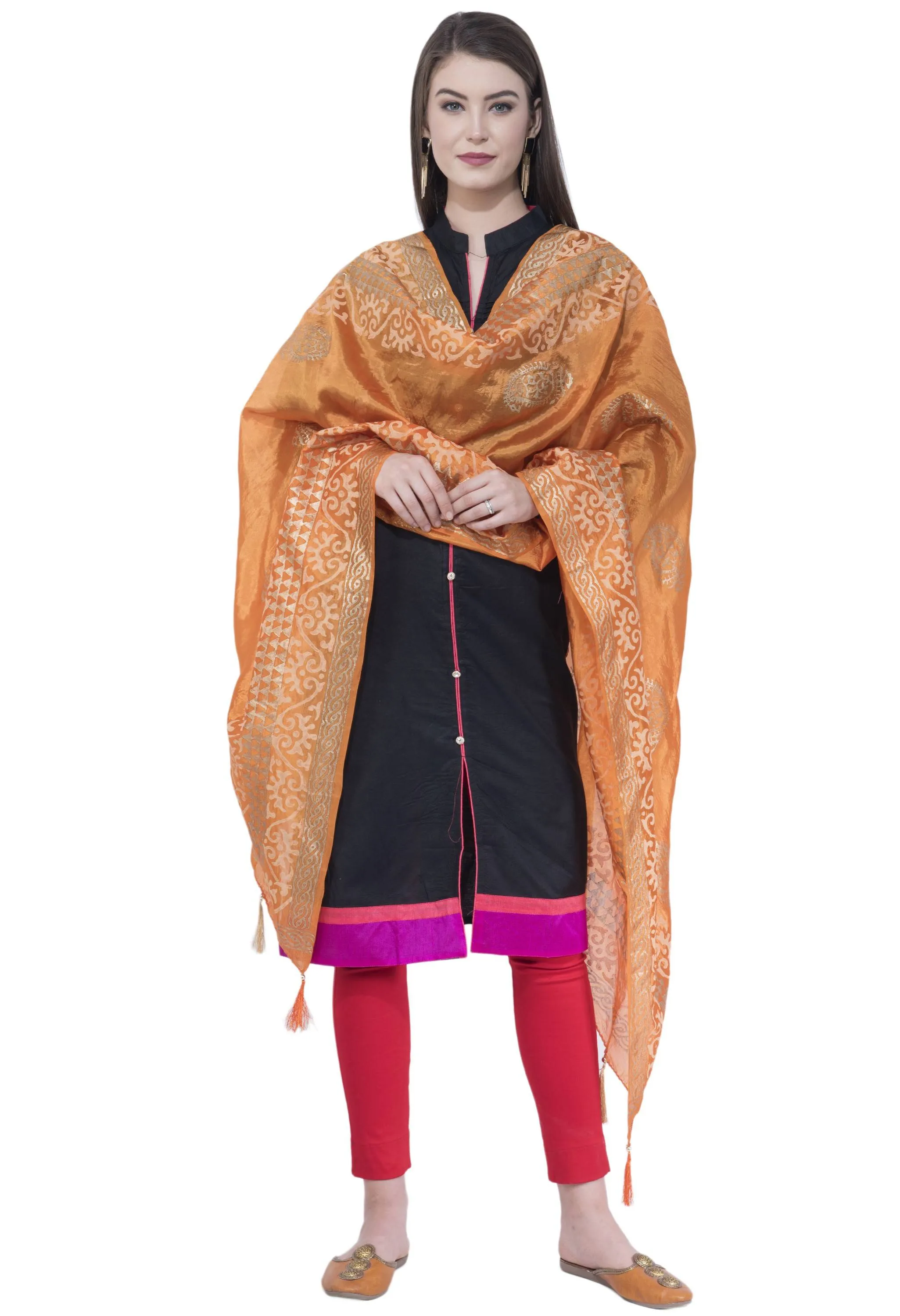 A R SILK Orange Color Silk Pahadi Print Dupattas and Chunnis