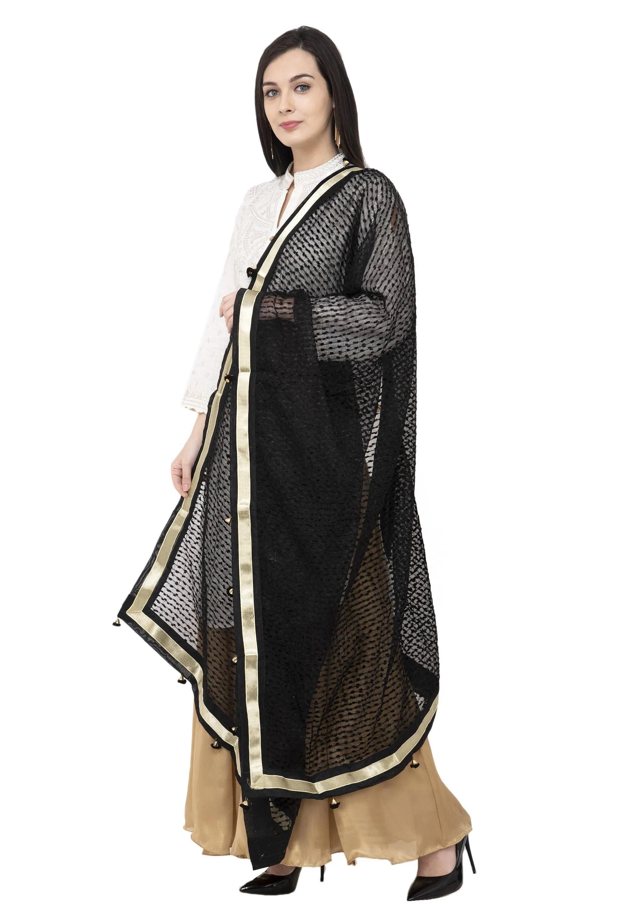 A R SILK Payal Pum Pum Fancy Dupatta Black Color Dupatta or Chunni