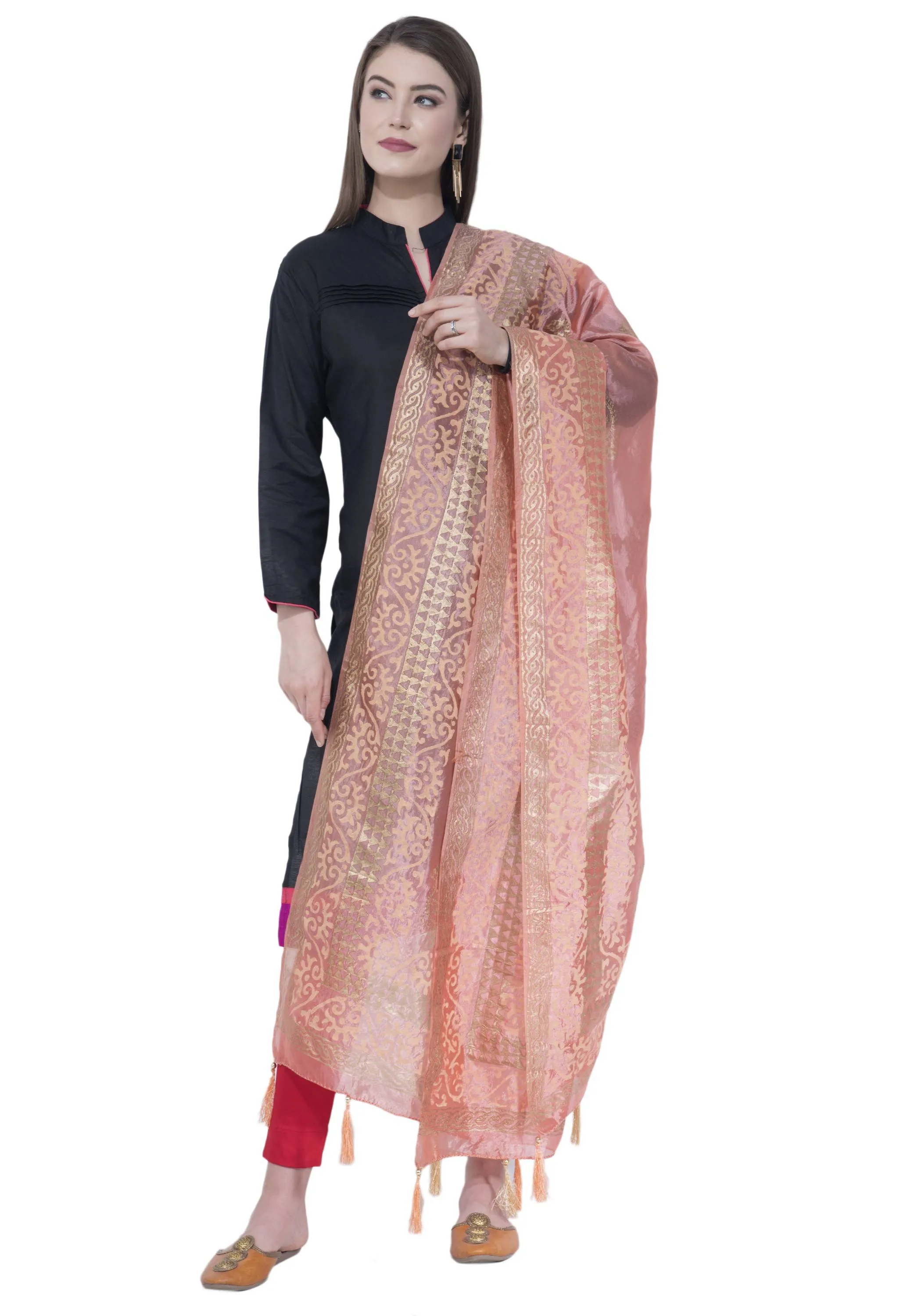 A R SILK Peach Color Silk Pahadi Print Dupattas and Chunnis