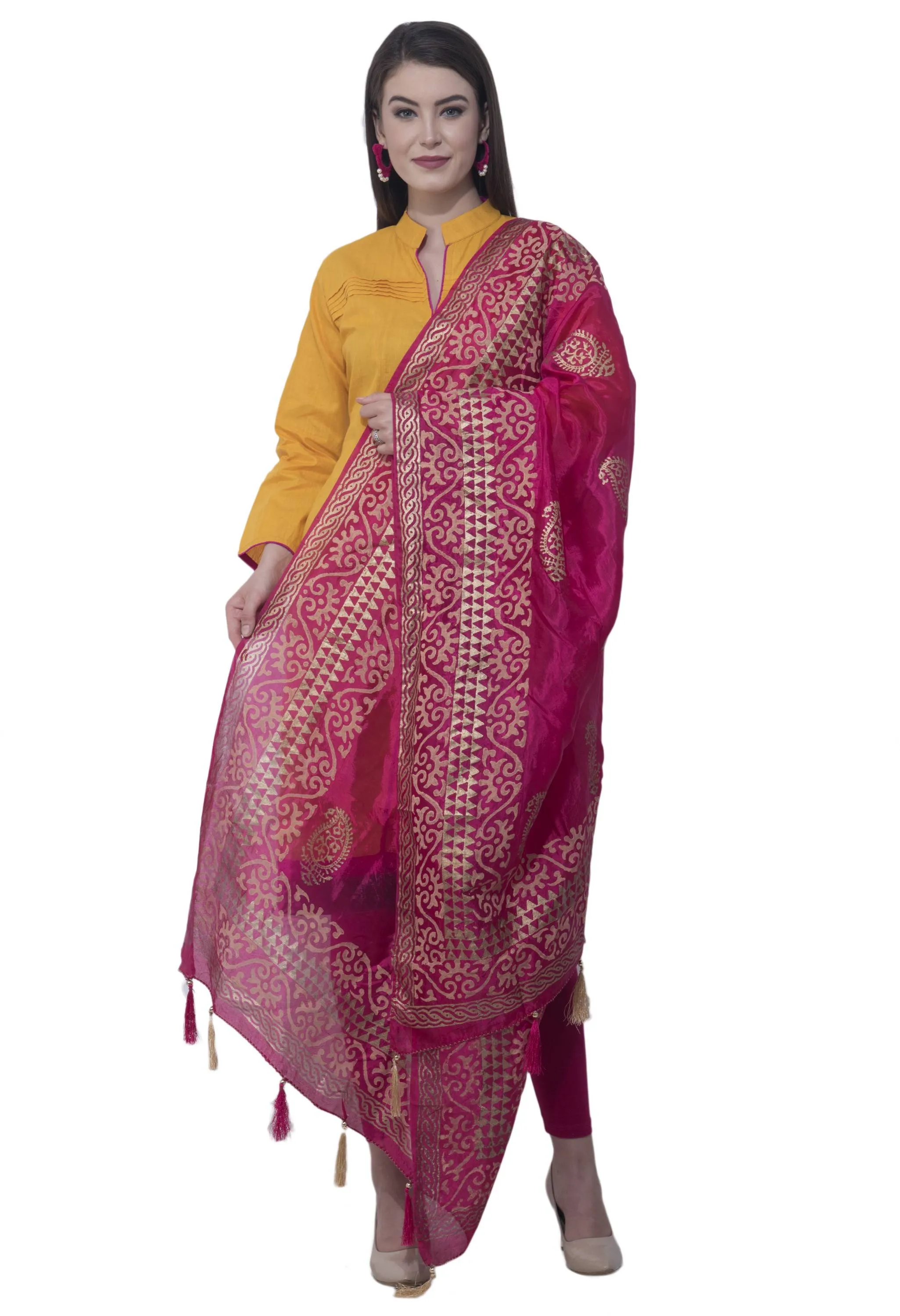 A R SILK Rani Color Silk Pahadi Print Dupattas and Chunnis