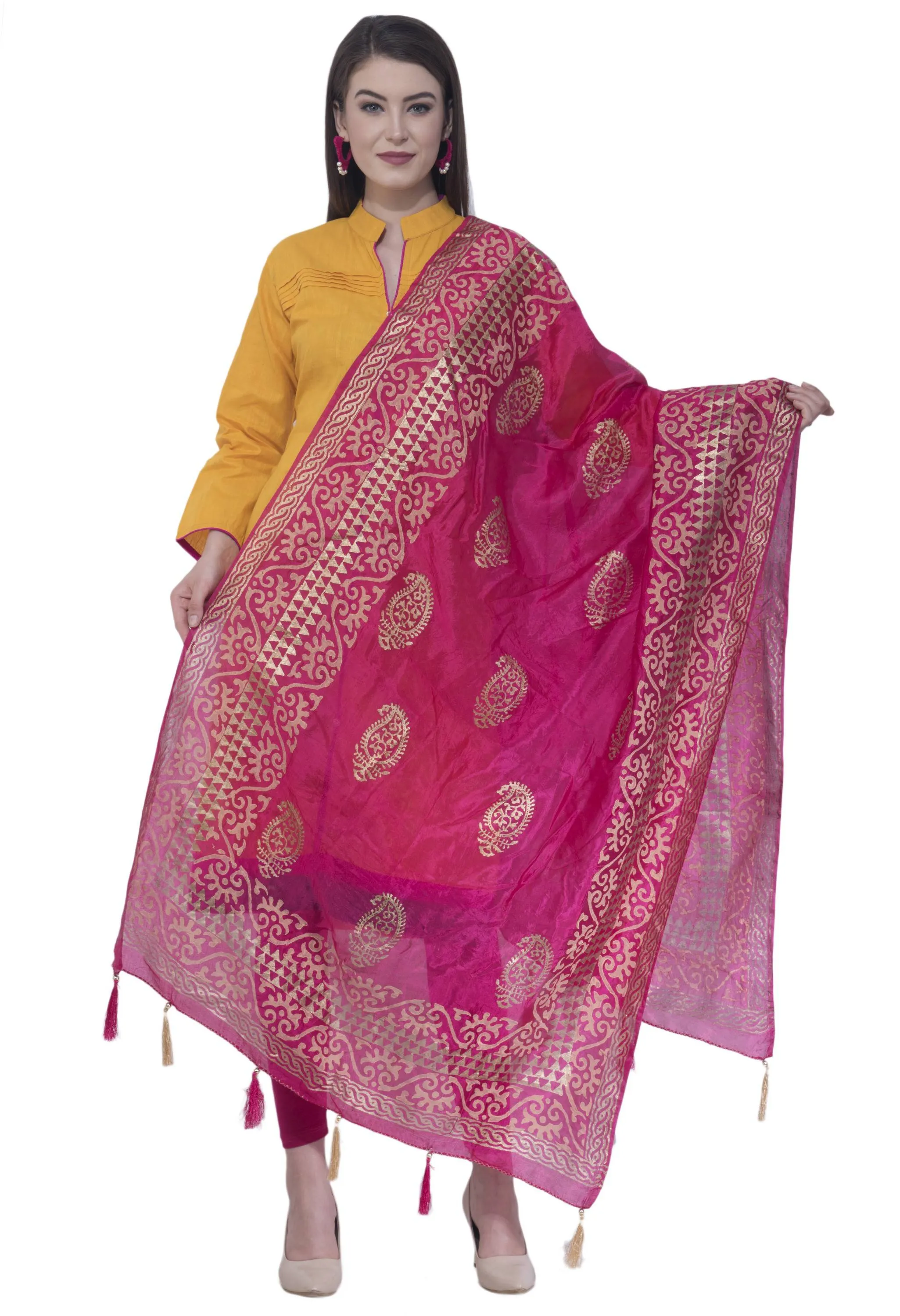 A R SILK Rani Color Silk Pahadi Print Dupattas and Chunnis