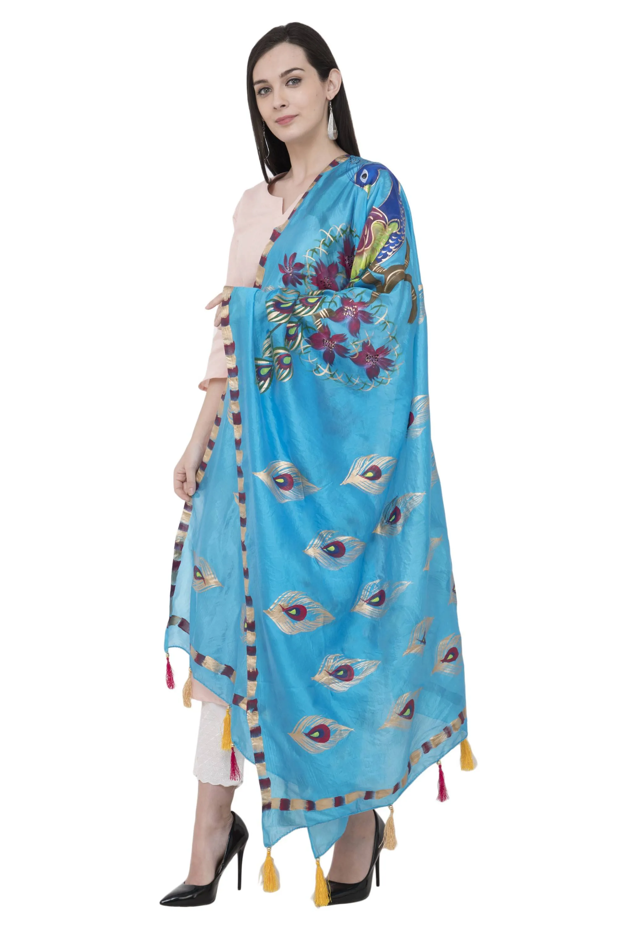 A R Silk Silk Peacock Multi Fancy Dupatta Color Firozi Dupatta or Chunni