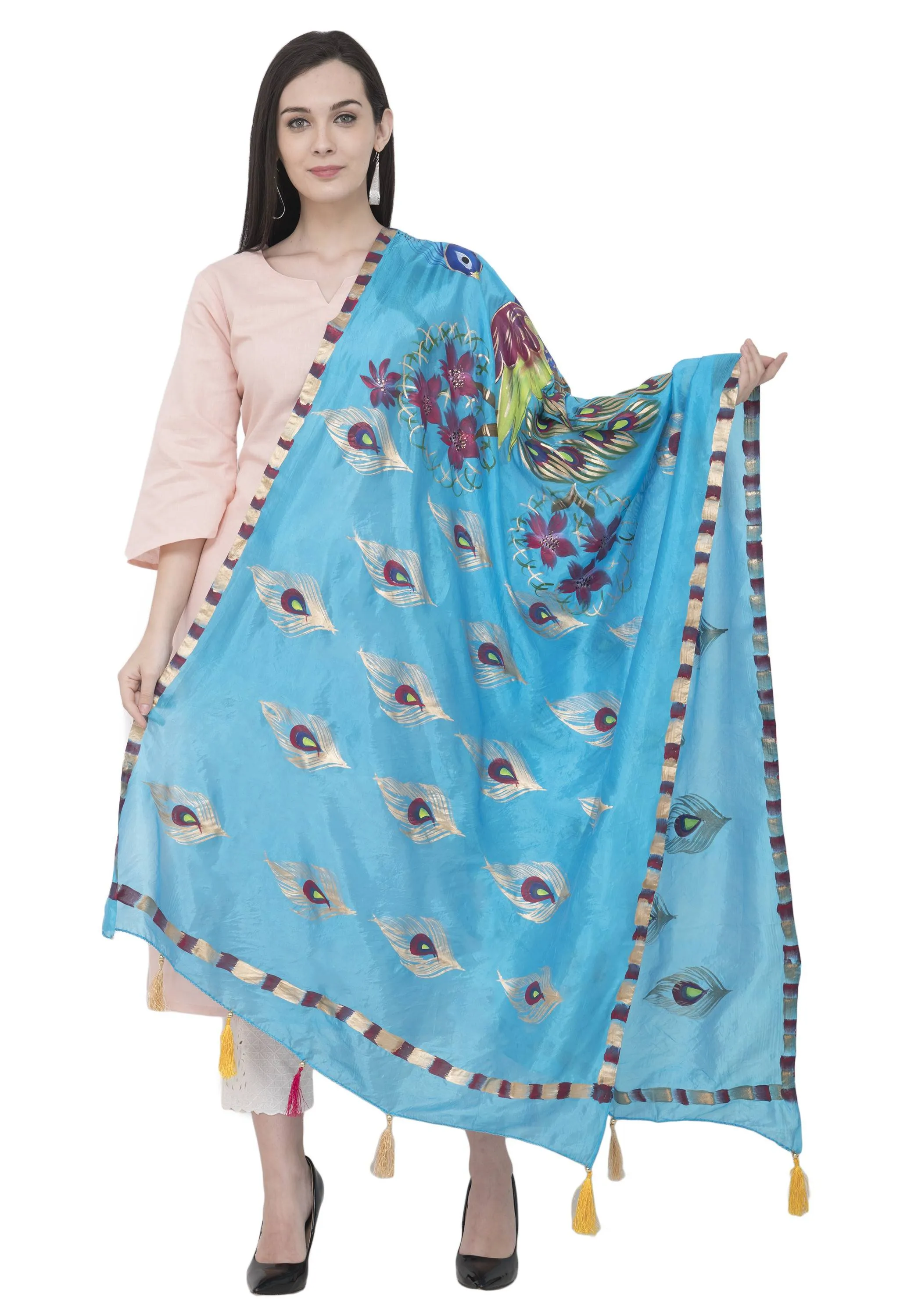 A R Silk Silk Peacock Multi Fancy Dupatta Color Firozi Dupatta or Chunni