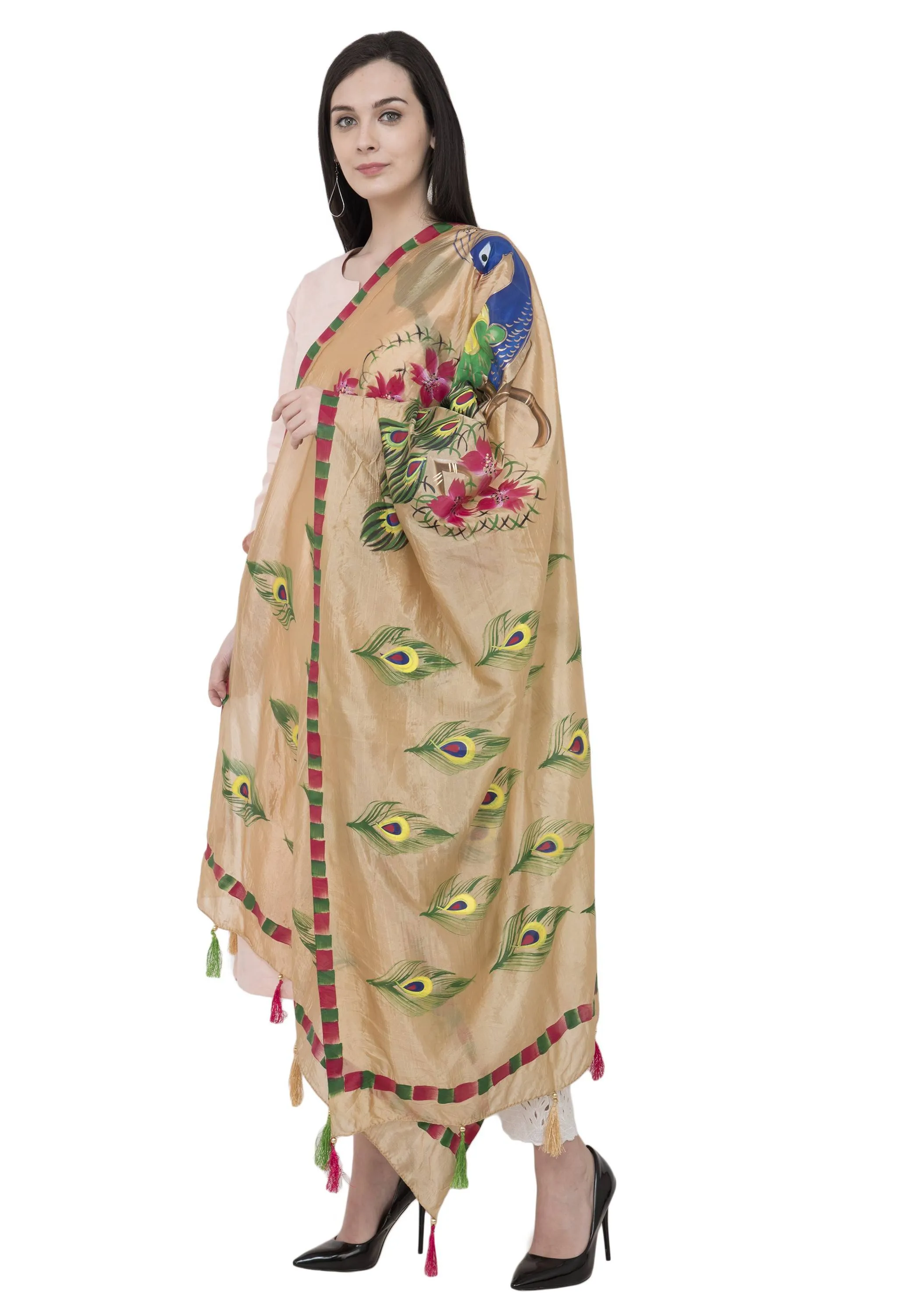 A R Silk Silk Peacock Multi Fancy Dupatta Color Golden Dupatta or Chunni