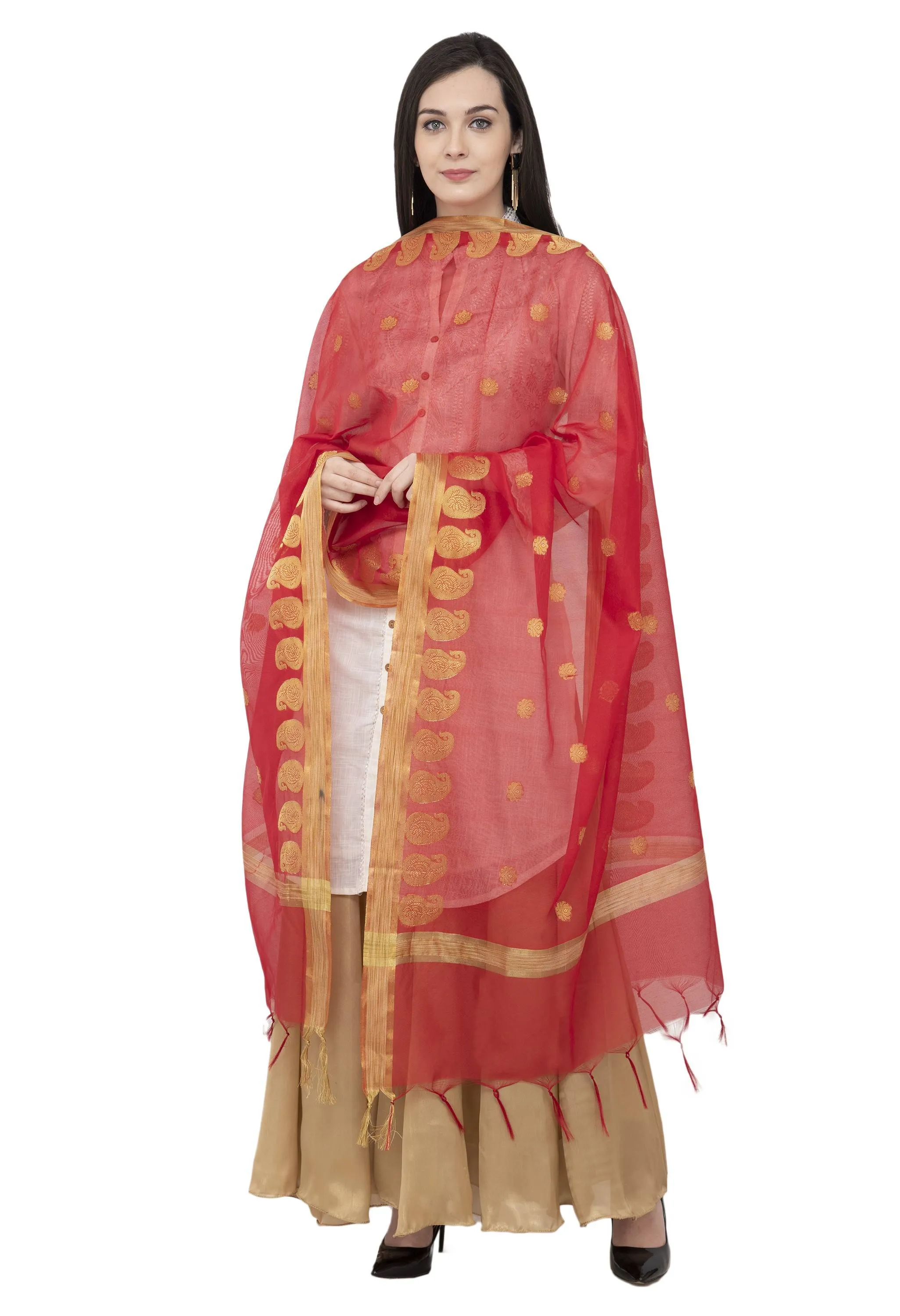 A R SILK VNS Ambi Border Fancy Dupatta Red Color Dupatta or Chunni