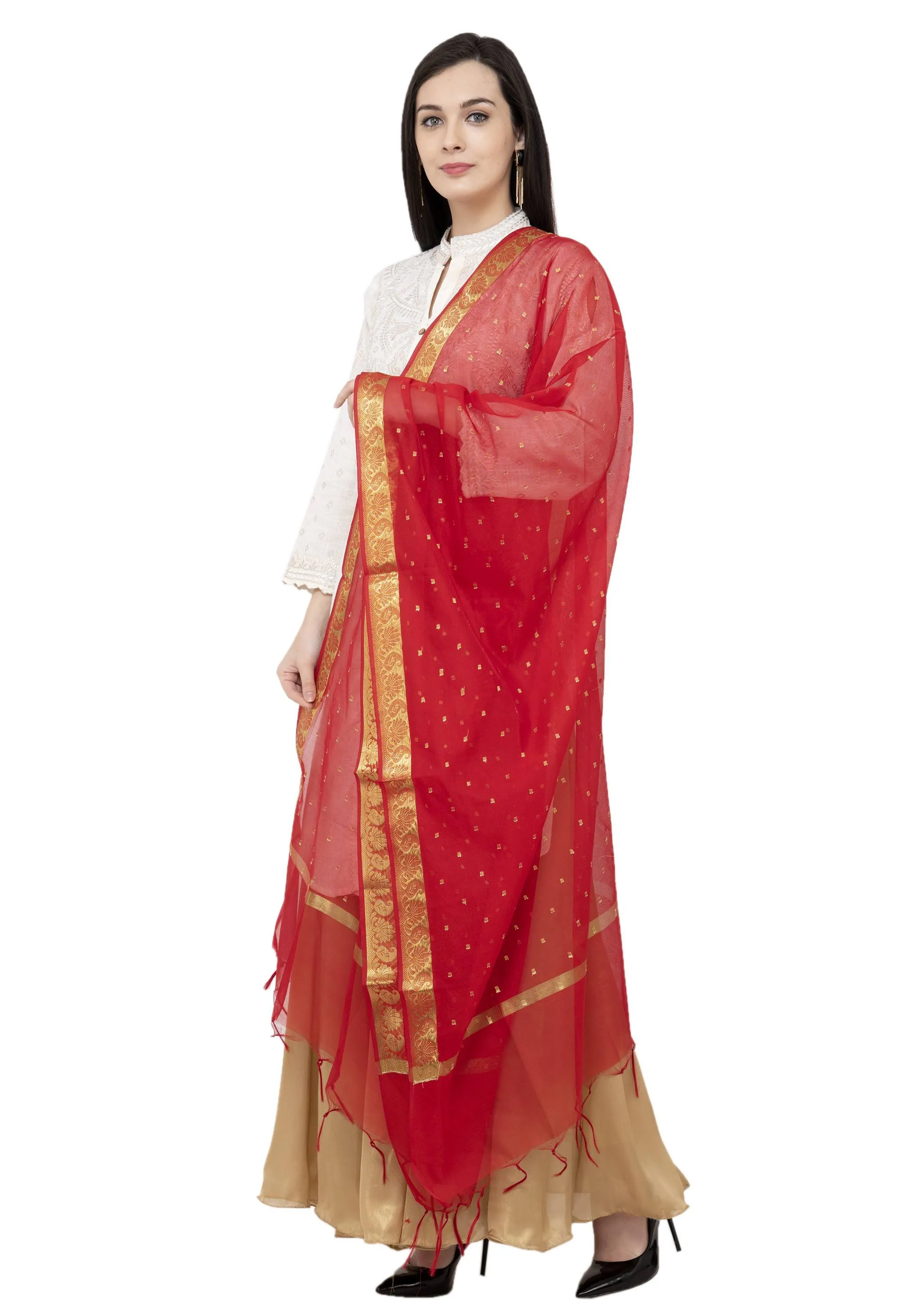 A R Silk VNS Border Buti Fancy Dupatta Color Red Dupatta or Chunni