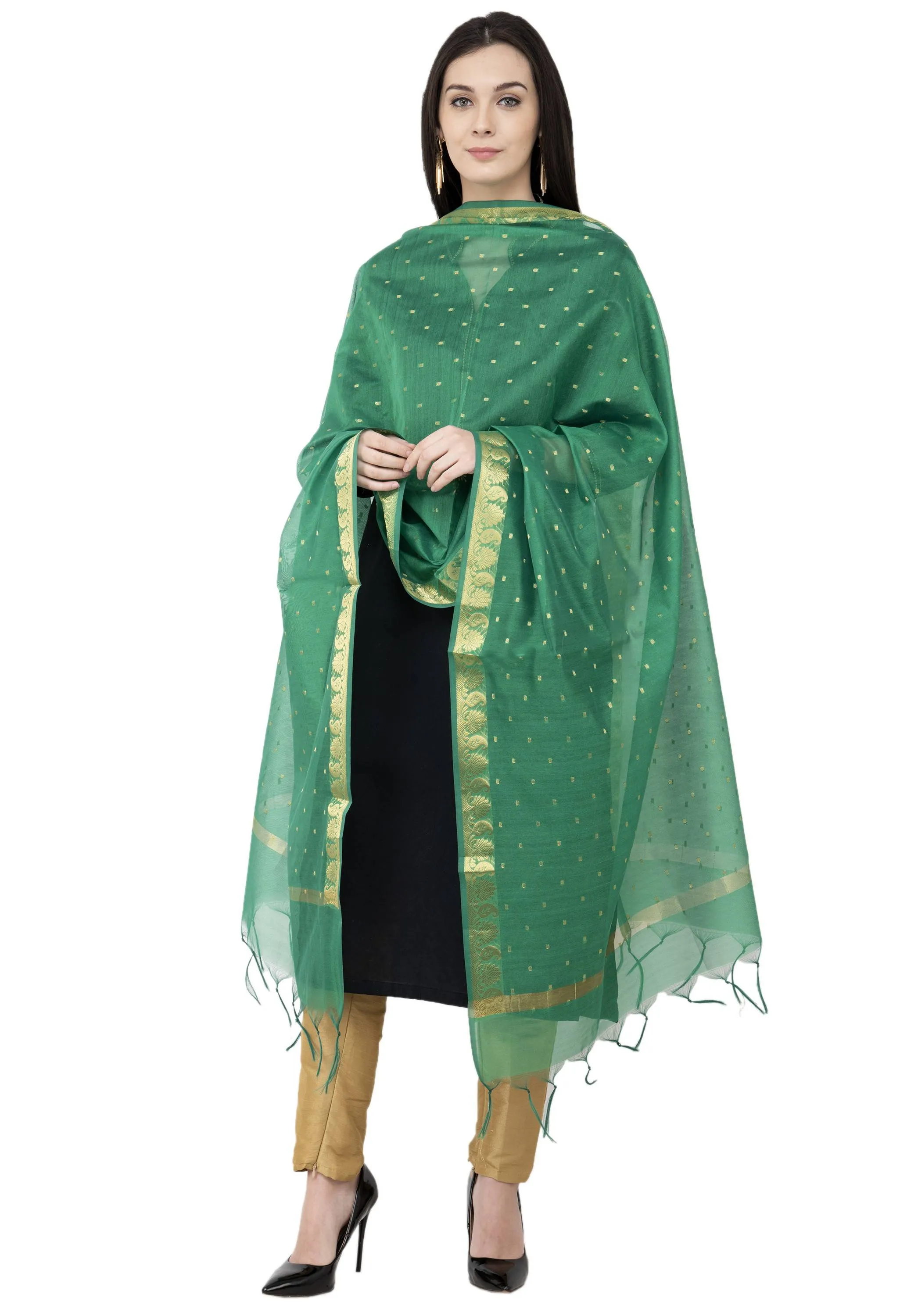 A R SILK VNS Border Buti Fancy Dupatta Green Color Dupatta or Chunni