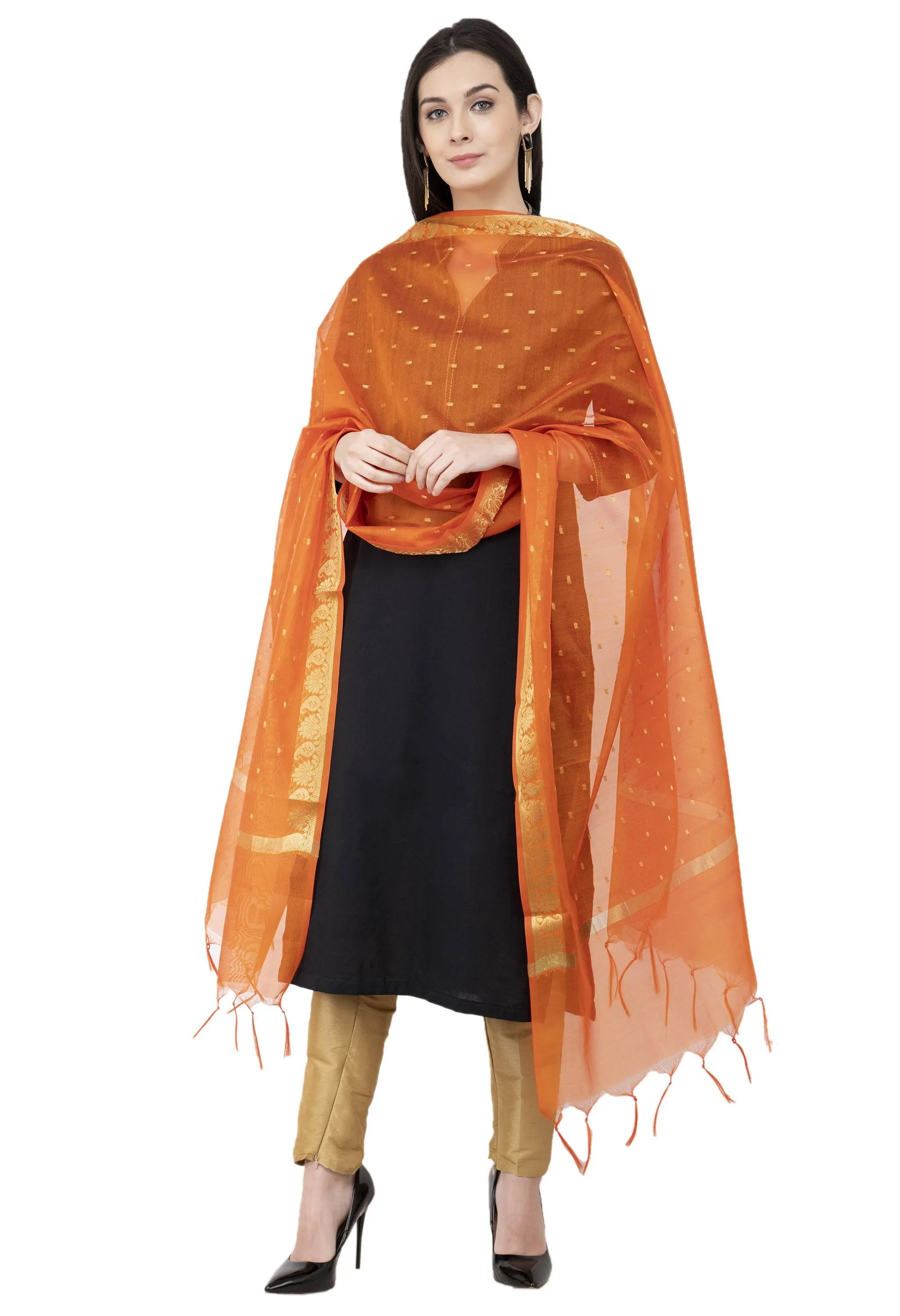 A R SILK VNS Border Buti Fancy Dupatta Orange Color Dupatta or Chunni