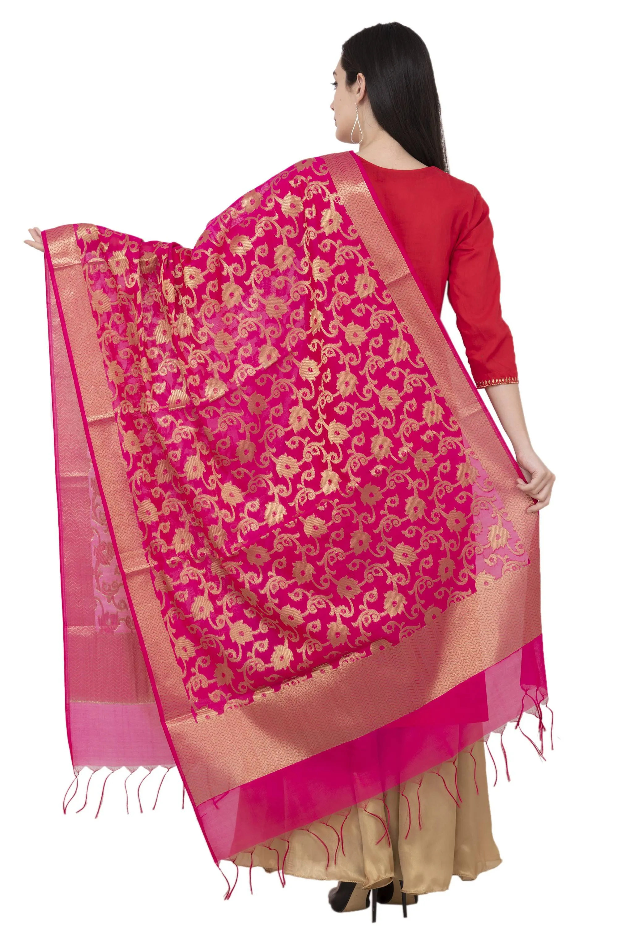 A R Silk VNS Jaal Fancy Dupatta Color Rani Dupatta or Chunni