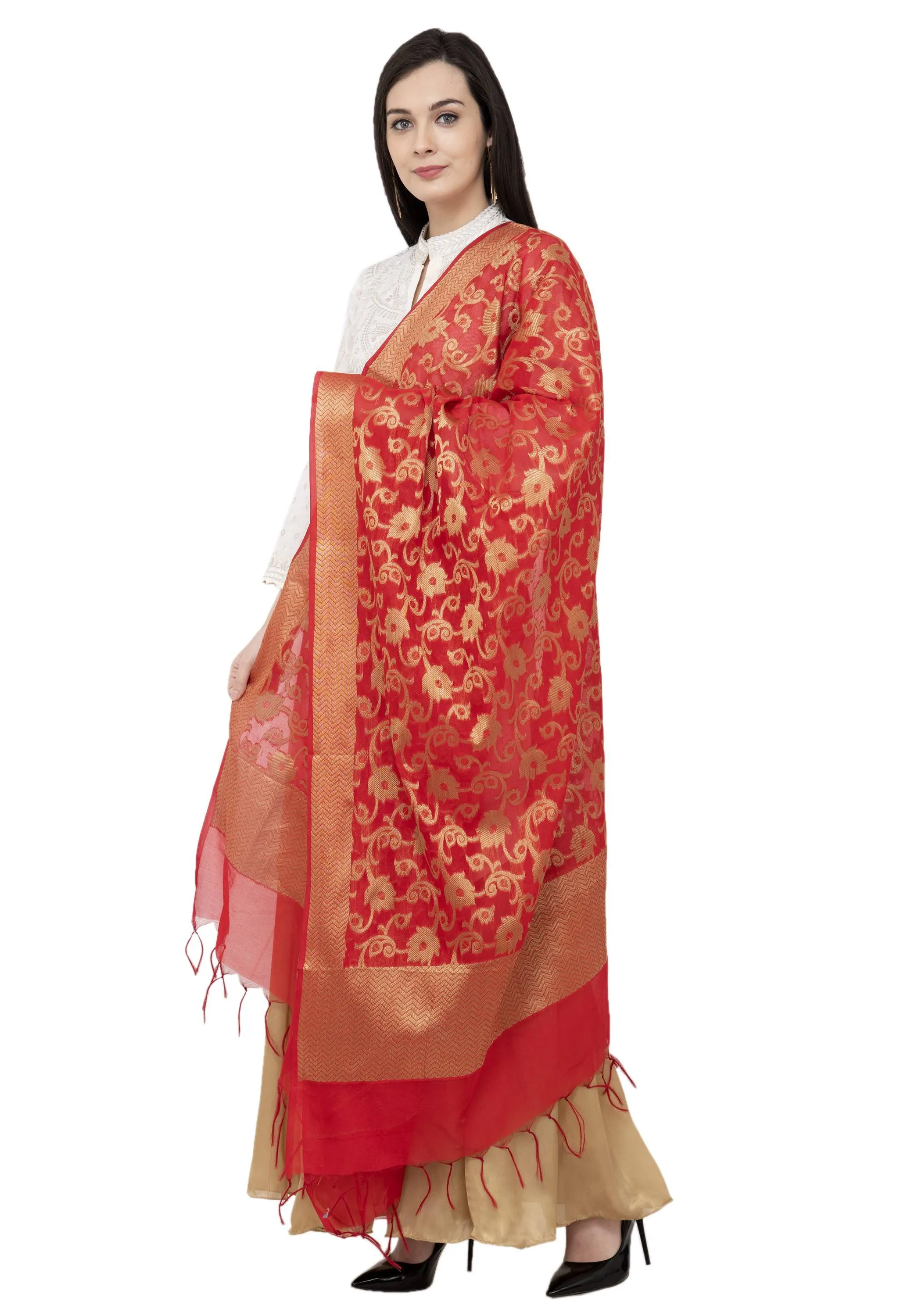 A R Silk VNS Jaal Fancy Dupatta Color Red Dupatta or Chunni