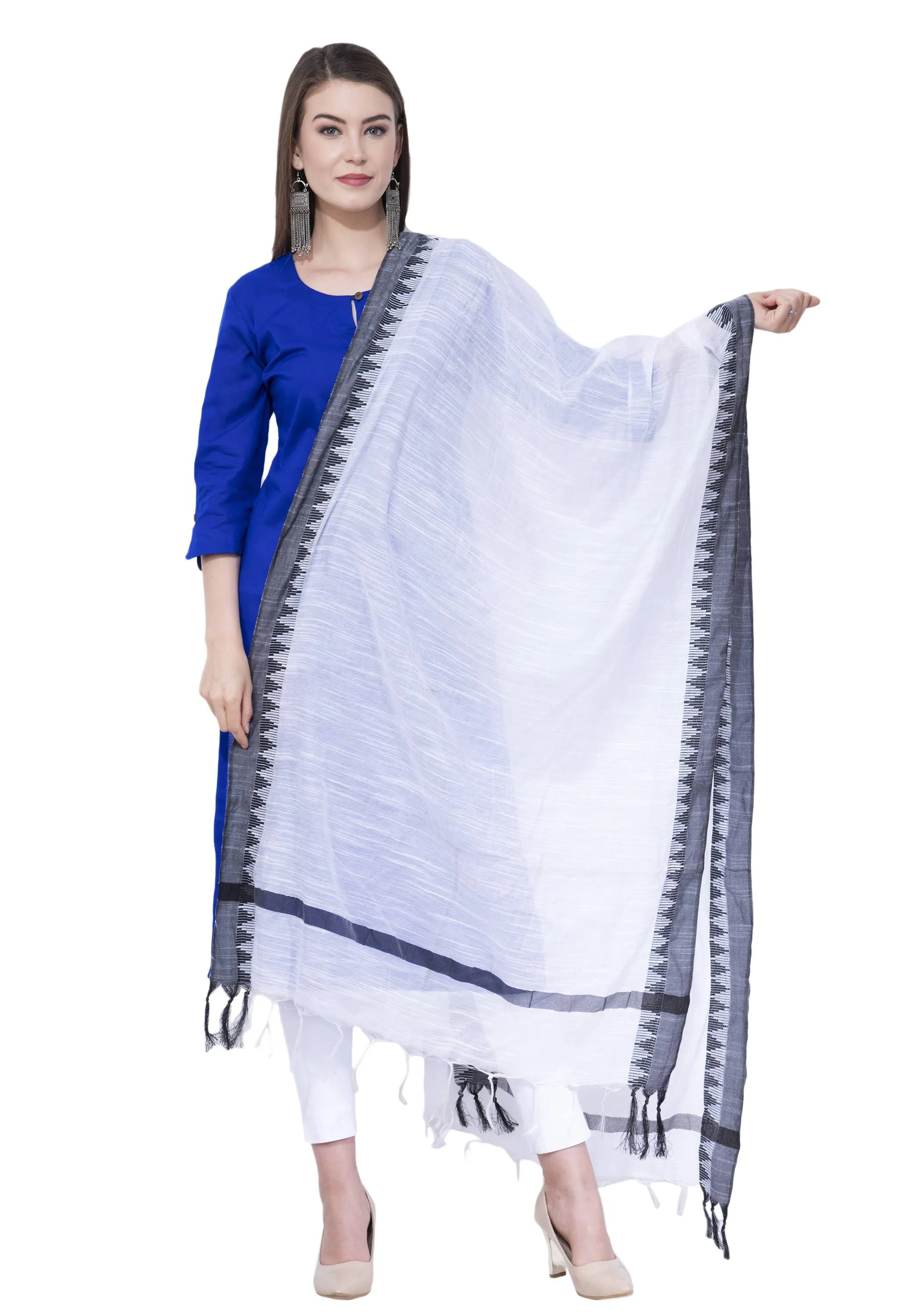 A R SILK White Color Temple border Cotton Dupattas and Chunnis