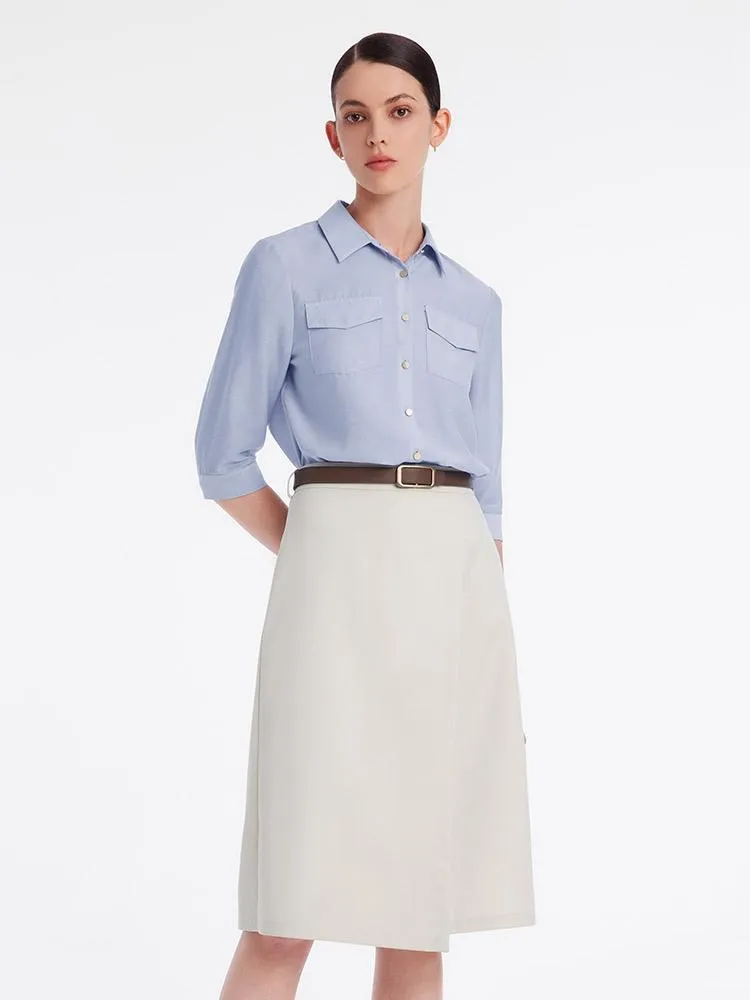 Acetate Shirt And Half Women Skirt Two-Piece Set With Leather Belt