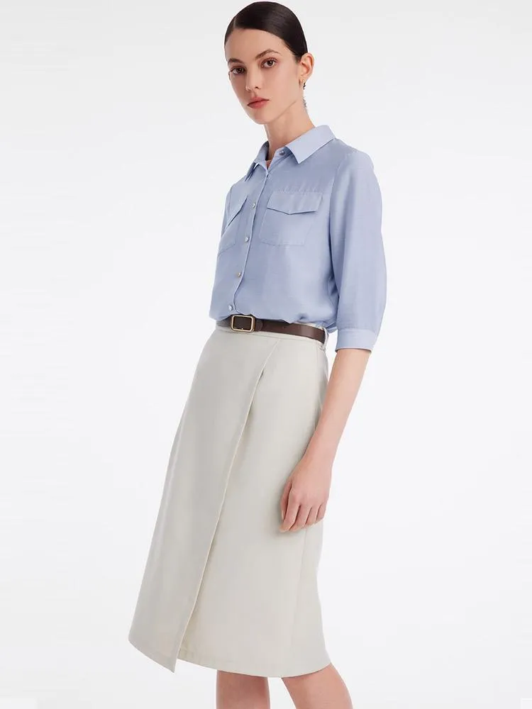 Acetate Shirt And Half Women Skirt Two-Piece Set With Leather Belt