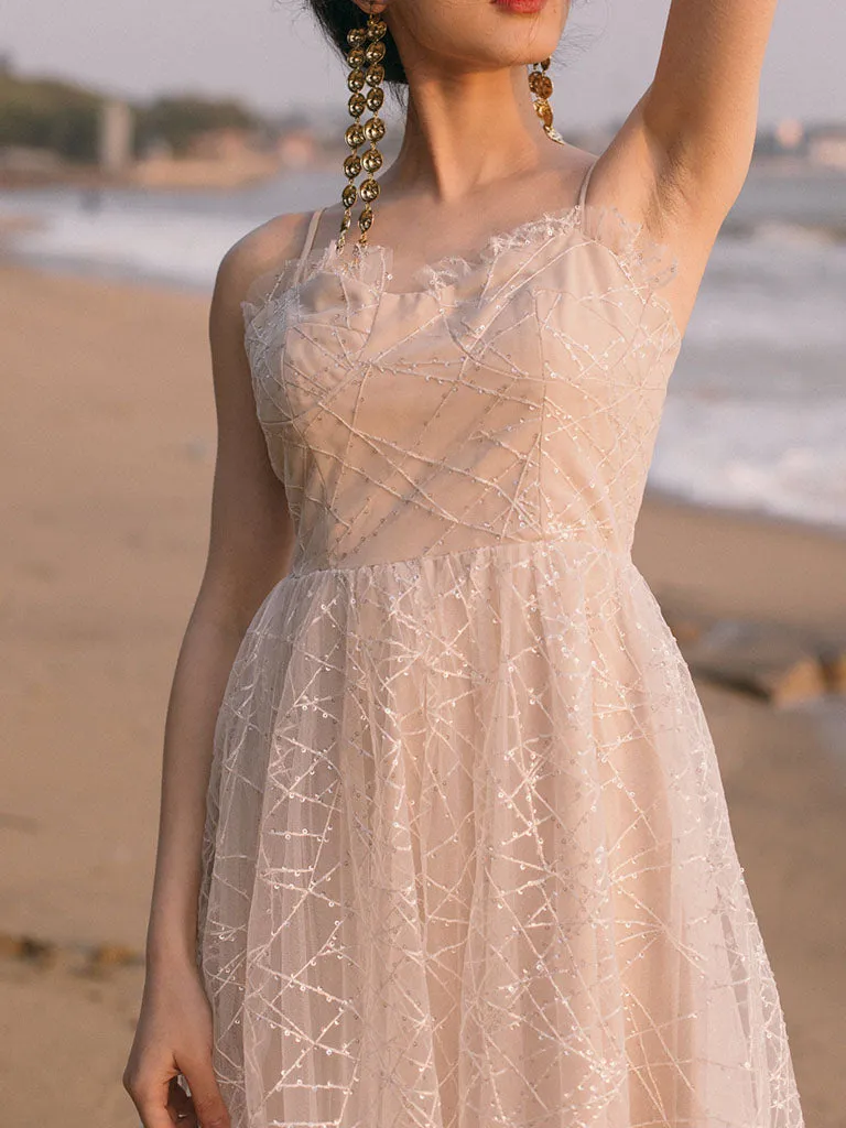 Apricot Ballet Lace Strap Vintage Dance Sequins Dress