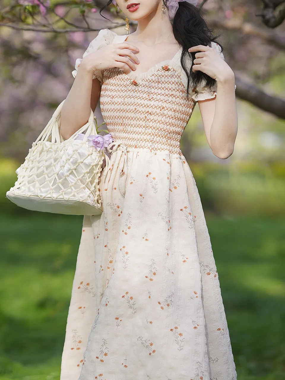 Apricot V Neck Floral Smocking Princess Puff Sleeve Vintage Dress