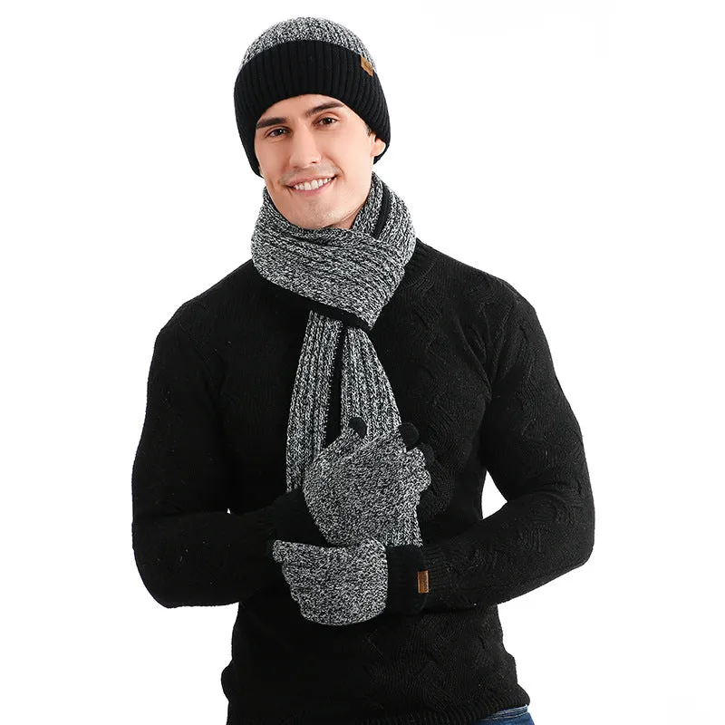 Autumn and Winter Woolen Cap Suit Color Matching Knitted Hat Thickened Scarf Gloves Three-Piece Set