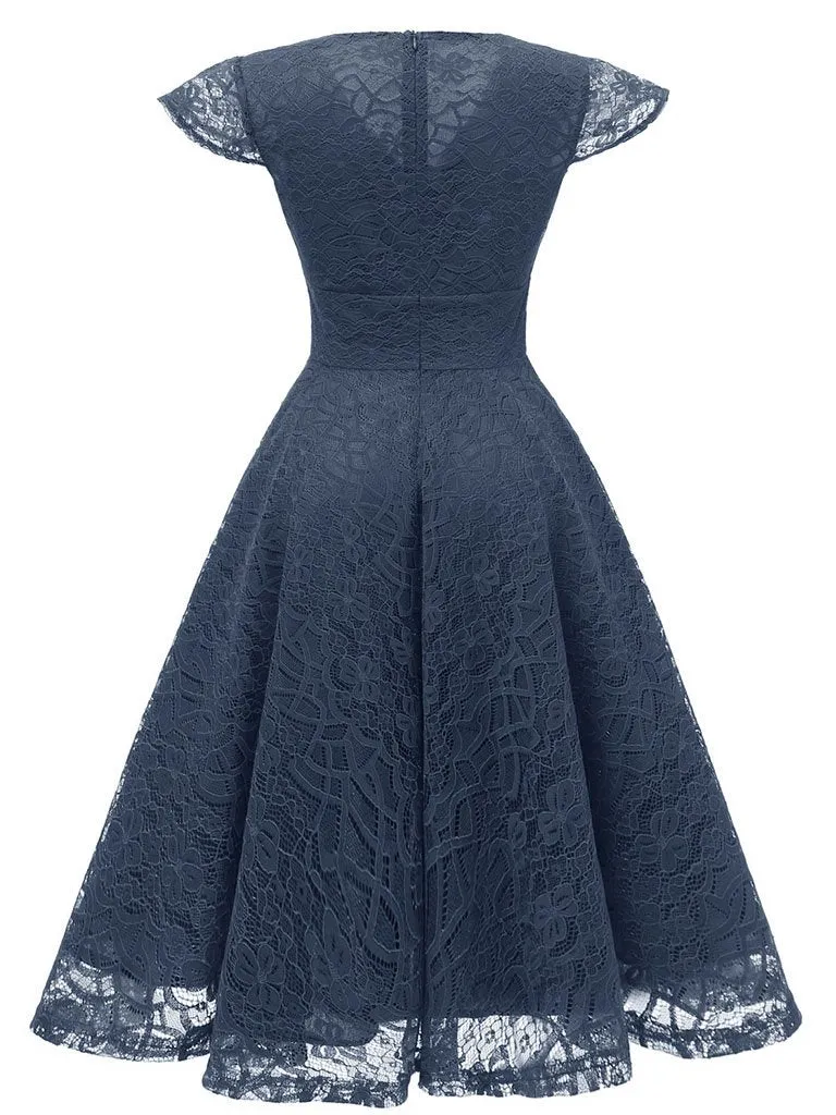 Autumn Lace Cap Sleeve V Neck 50s Party Dress