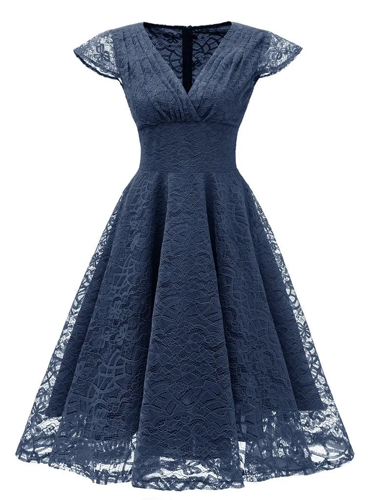 Autumn Lace Cap Sleeve V Neck 50s Party Dress