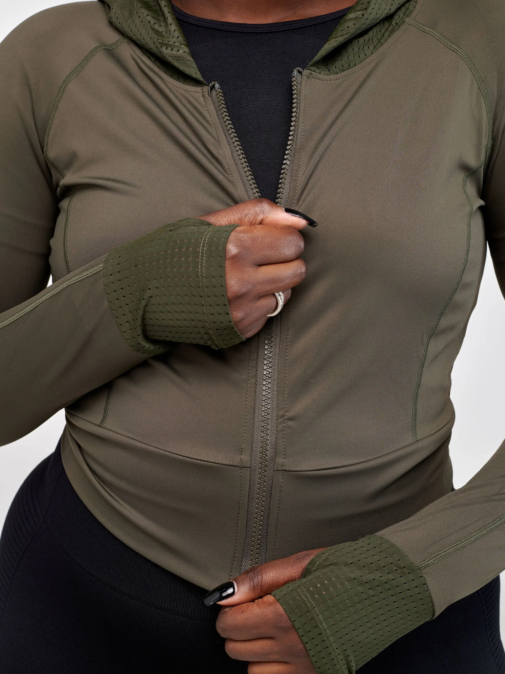 Ava Fitness Long Sleeved Zipper Top - Army Green