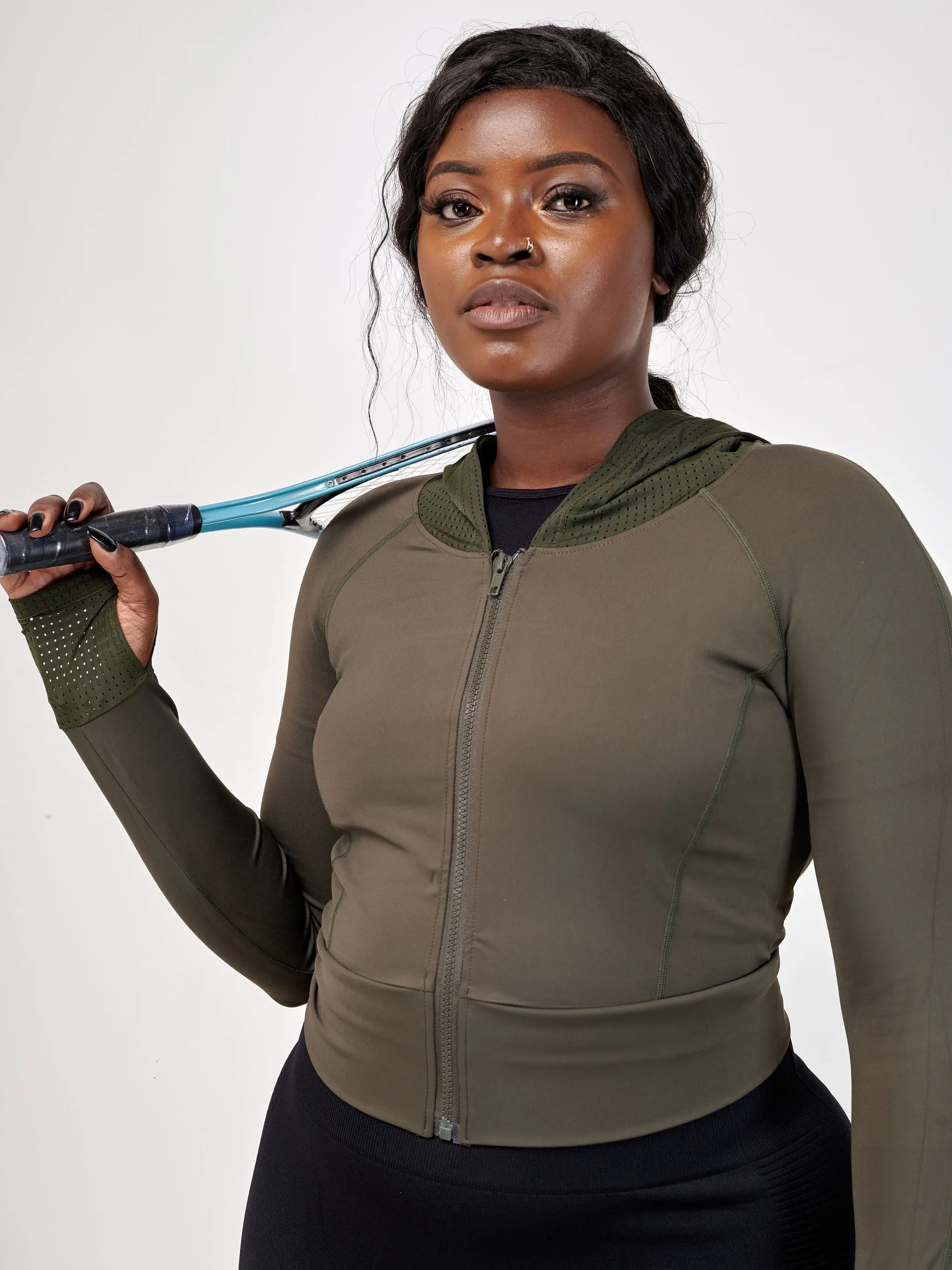 Ava Fitness Long Sleeved Zipper Top - Army Green